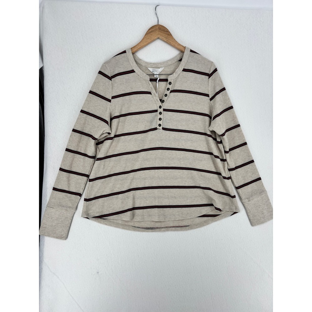 Market & Spruce Beige Burgundy Stripe Waffle Knit Henley Long Sleeve Shirt XXL